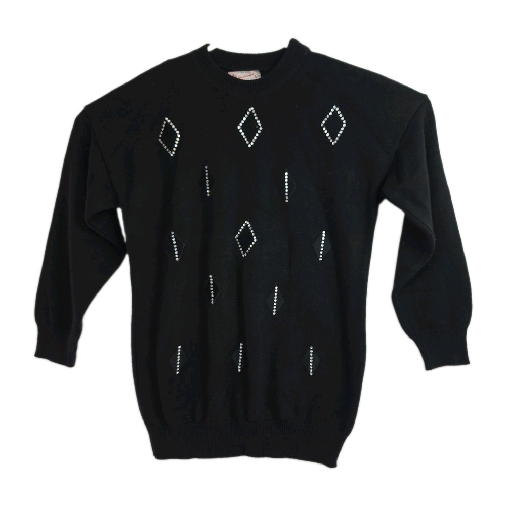 Vintage Mardel Sweater Womens XL Black Rhinestone Beaded Geometric 90s Knit